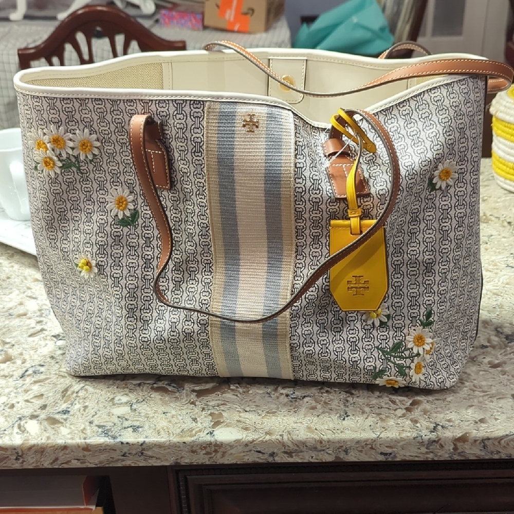 Tory Burch Floral Embroidered Tote with Brown and Yellow Details